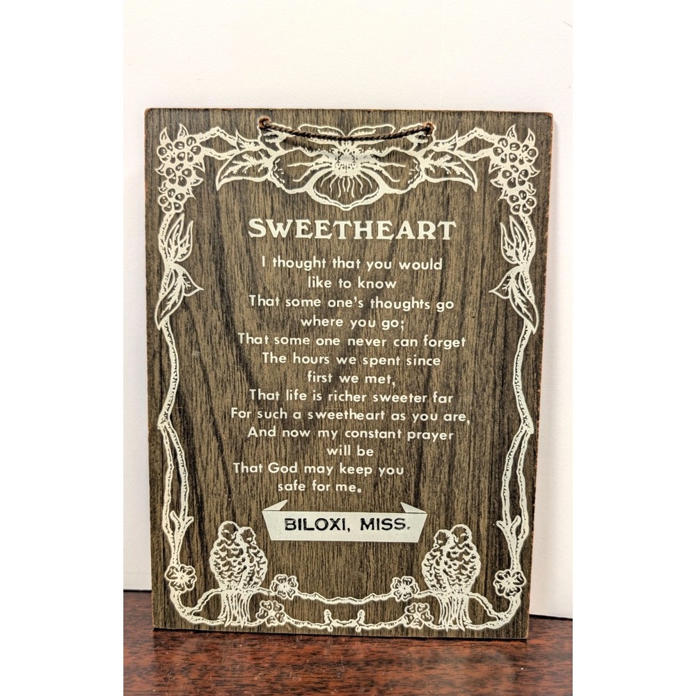 Vintage Biloxi Mississippi Sweetheart Poem Wood Wall Plaque Love Birds Floral